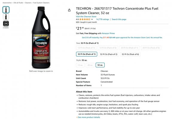 Techron 1oz per gallon of gas -  Amazon.com Chevron Techron Concentrate Plus Fuel System Clean...jpg